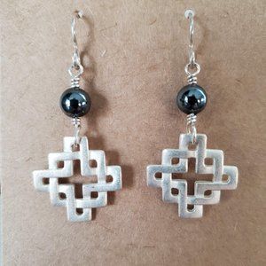 Vintage Silver Tone Knot Dangle Drop Earrings with Hematite Bead